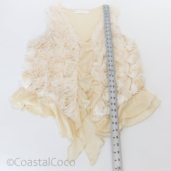 Pretty Angel Ivory Floral Rosette Ruffle Vest L Silk Blend Whimsical Festival - Picture 12 of 12
